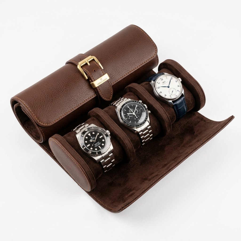 Leather Watch Roll Travel Case - 3 Slot Storage Organizer with Buckle Closure, Brown - Image 3