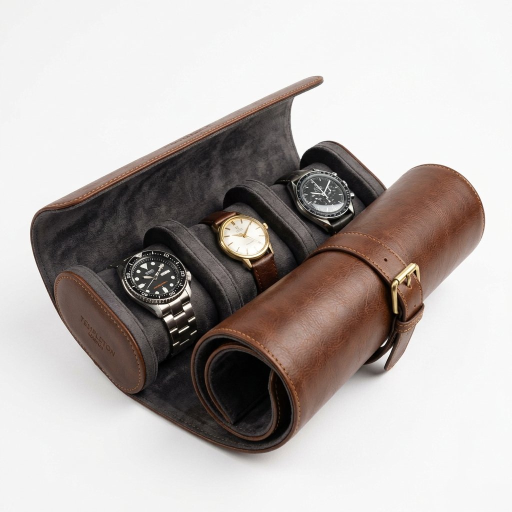 Leather Watch Roll Travel Case - 3 Slot Storage Organizer with Buckle Closure, Brown - Image 4