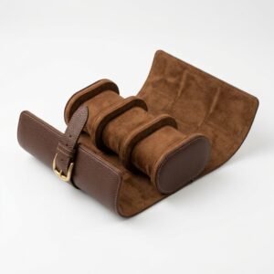 Leather Watch Roll Travel Case - 3 Slot Storage Organizer with Buckle Closure, Brown